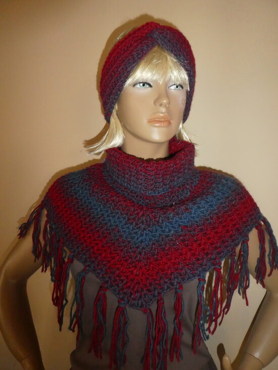 horgolt kendő, poncsó, sál+fejpánt (1117)