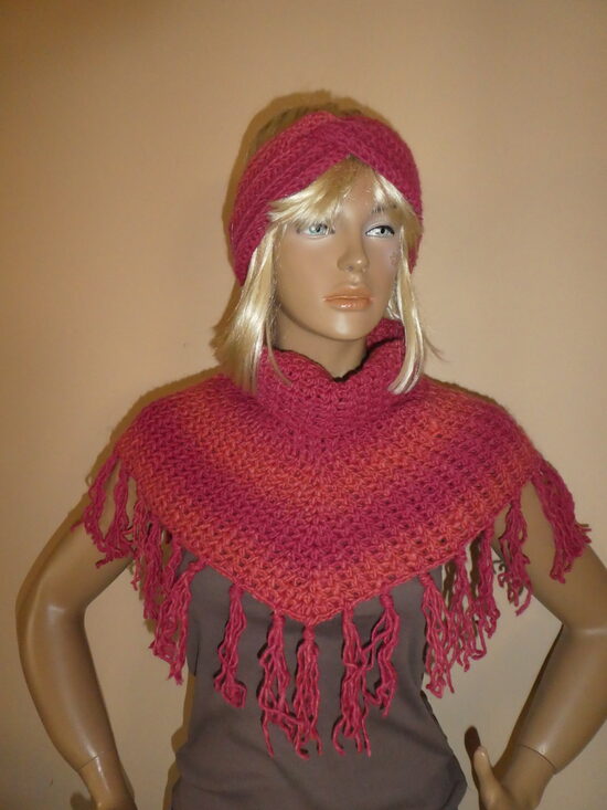 horgolt kendő, poncsó, sál+fejpánt (1118)