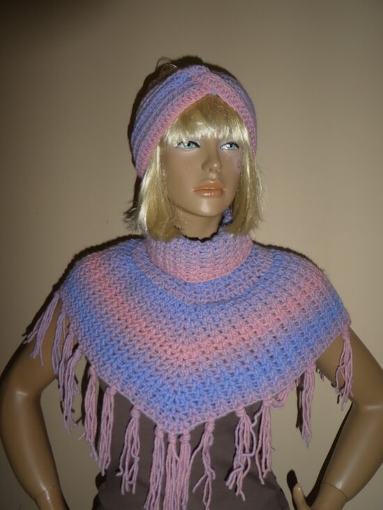 horgolt kendő, poncsó, sál+fejpánt (1119)