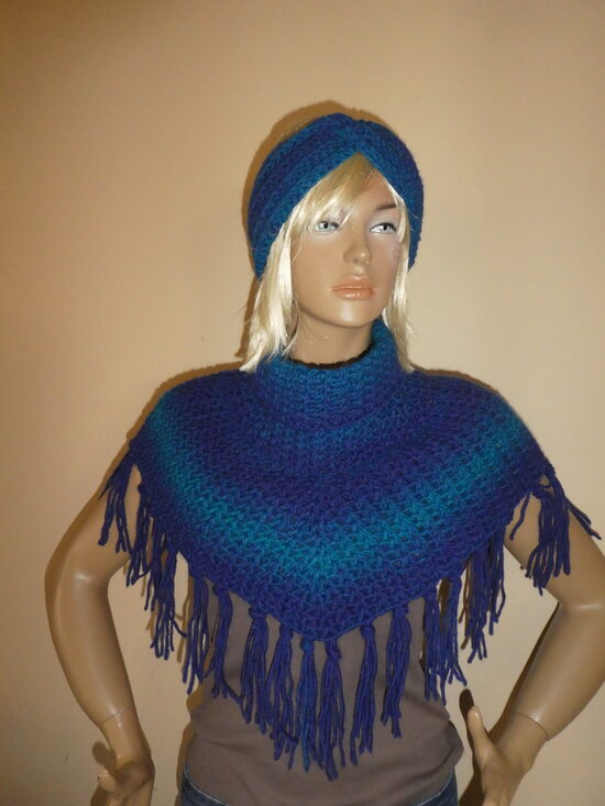 horgolt kendő, poncsó, sál+fejpánt (1120)